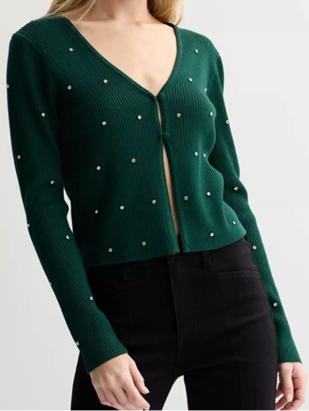 🌹🌺🥀Madden Girl Emerald Green V-Neck Pearl-Studded Cardigan